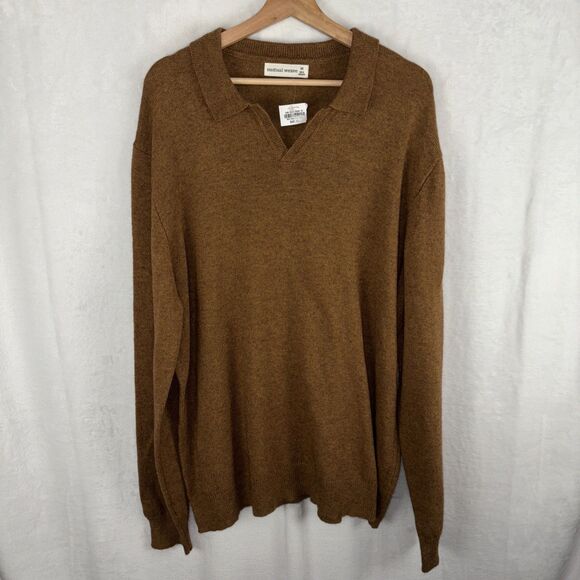 Mutual Weave Cotton Wool Blend V Neck Sweater Polo Size 2XL Brown NWT - Picture 1 of 7
